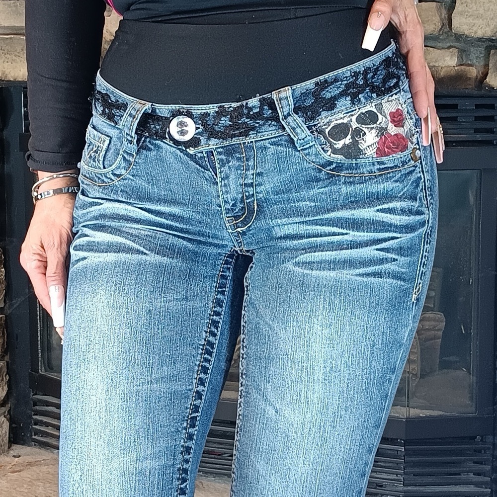 Upcycled, Wallflower Size 3 Flared Jeans Handmade Roses & Skulls Jeweled Lace - Picture 2 of 15